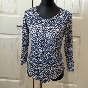 Sonoma Blouse Top Women's Small Blue White‎ Floral  Henley Neckline